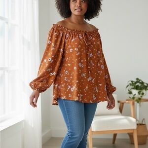 Sanctuary Rust Floral Off-Shoulder Blouse Long Sleeve 1X
